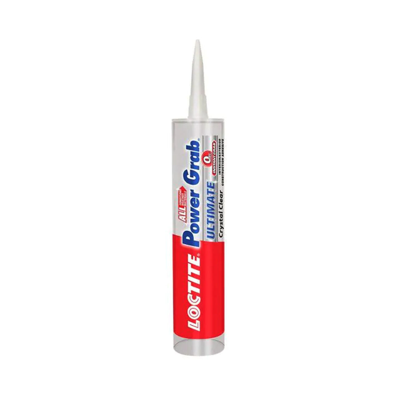 A 9 oz. tube of Go Build, The Fastest Way To Build Power Grab Ultimate Construction Adhesive - Crystal Clear, with a pointed nozzle and red-and-white label featuring blue text.